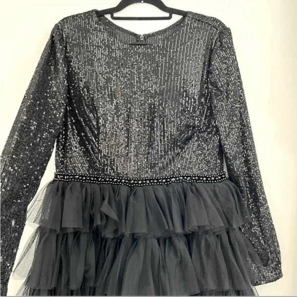 leena for Mac Duggal Sequined Layered Tulle A-Line Cocktail Dress Black Size 8 - Picture 5 of 6